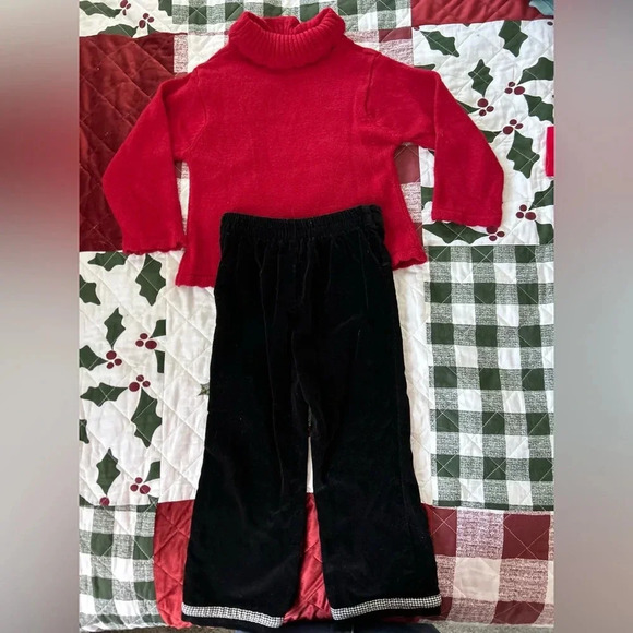 b.t. kids Christmas Reindeer Embroidered Knit Red Sweater & Black Corduroys Sz 4 - Picture 2 of 6